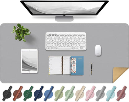 BLESWIN Large Desk Pad 35.4"" x 17"", Non-Slip Desk Mat with PU Leather & Natural Cork, Waterproof Writing Desk Natural Cork, Computer Mat Desk Protector for Office Home, Light Grey