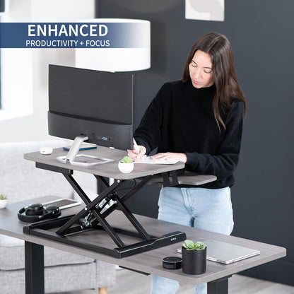 VIVO 26 inch Desk Converter, K Series, Height Adjustable Sit to Stand Riser, Dual Monitor and Laptop Workstation with Keyboard Tray, Gray Top, Black Frame, DESK-V026KG