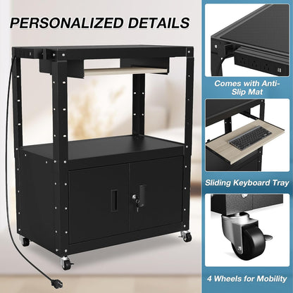 AV Cart, Adjustable-Height Rolling Computer Cart with Charging Station, Steel AV Presentation Cart with Locking Cabine & Keyboard Tray, Multipurpose Utility Cart Mobile Workstation for Office, Black