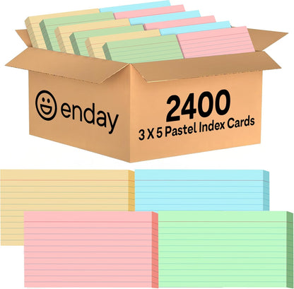 Index Cards 3x5 Bulk, (2400 Cards Pastel Colors) Flashcards, Notecards 3x5 lined, Blank on Back, Assorted Pastel Colors Flashcards for School Home and Office, Ruled Index Cards