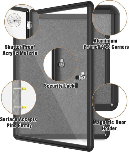 26"x20" Enclosed Bulletin Board, Lockable Weather-Resistant Aluminum Cork Noticeboard for School & Office, Black Frame w/Grey Flet