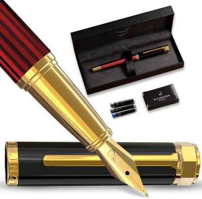 Luxury Fountain Pen Set- Fountain Pens for Writing - Smooth Extra Fine Nib - Includes Refillable Ink Converter, 3 Ink Cartridges [Black & Blue], Gift Box - Elegant Calligraphy
