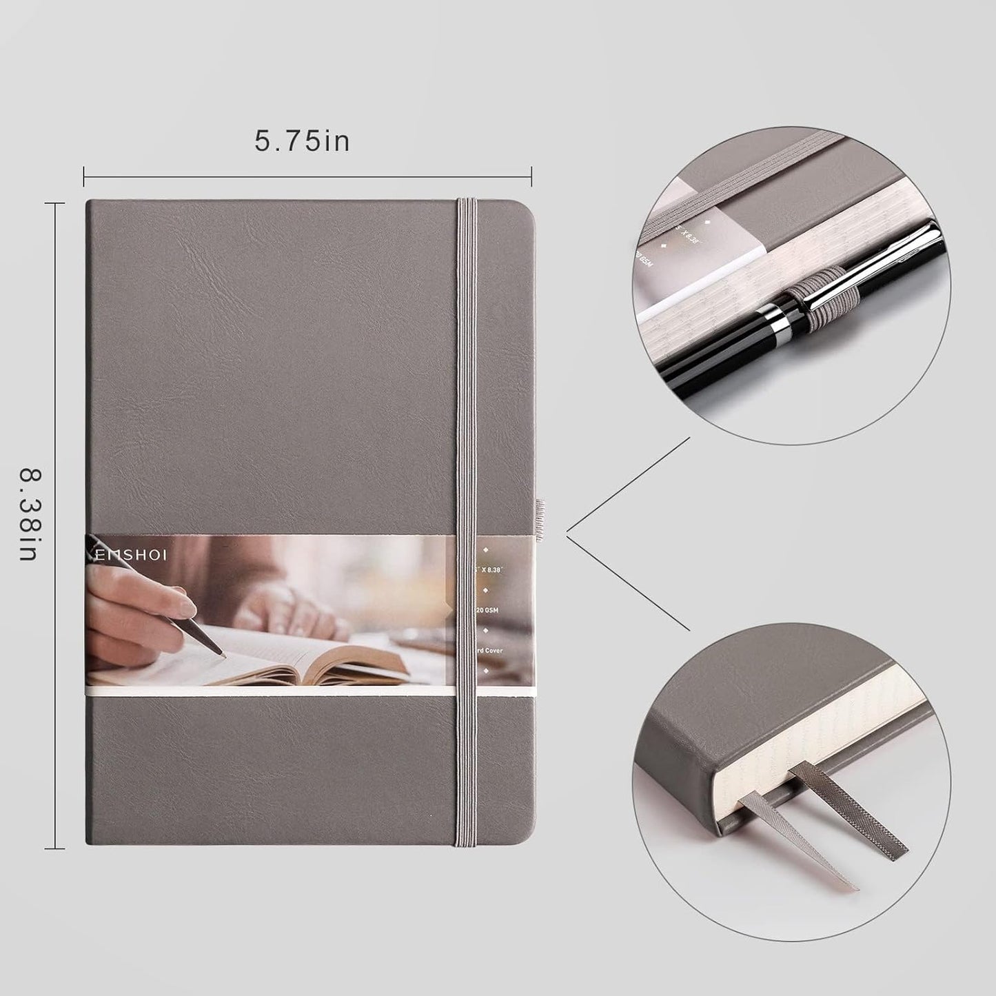 EMSHOI Graph Paper Notebook 256-Page A5 Grid Journal, PU Leather Hardcover 120gsm Thick, Bleed-Resistant Paper, Portable 5.75” x 8.38” Size for Work, Math, Engineering– Dark Grey