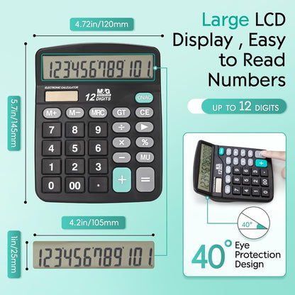 M&G Desk Calculator 12 Digit Office Calculators with Large LCD Display, Dual Solar Power and Battery, Recessed Big Button Calculator for Office Home School (Black, Pack of 5)