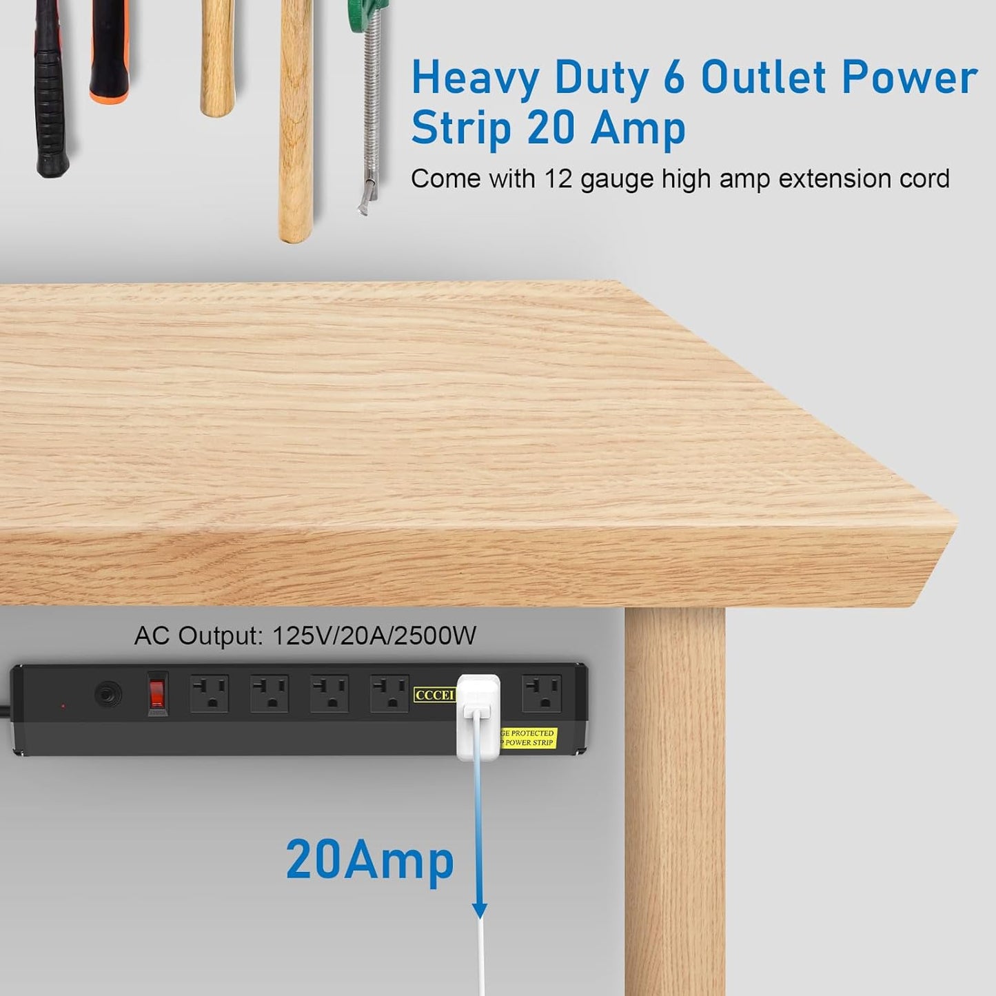CCCEI Heavy Duty Power Strip Surge Protector 20 Amp, High Amp Industrial Shop Garage Metal Multiple Outlets, 10 FT 12 Gauge 5-15P Extension Cord 6 Outlet 6-20R T-Slot 20a for Appliance. Black.