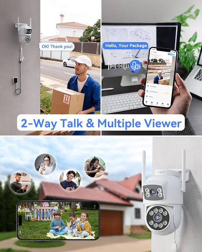 Security Camera Outdoor Wireless, Dual Lens 2K (3MP+3MP) 355° PTZ Home Security WiFi Camera Outside Surveillance Indoor, 2.4G WiFi, PIR Human Detection, Auto Tracking, Color Night Vision, White