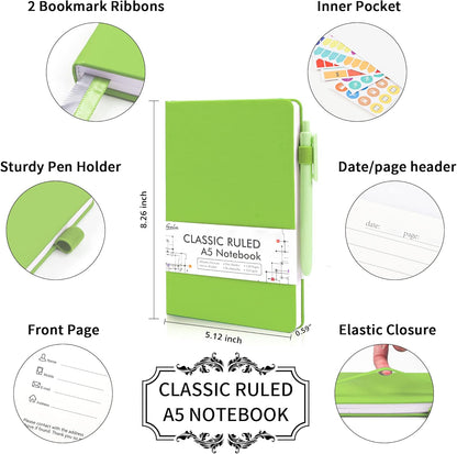 feela 24 Pack Journal Notebook Bulk for Work, Business Notebook Hardcover Lined Writing Journal with Pen Holder for Men Women Note Taking, with 24 Black Pens, 120 GSM, 5.1”x8.3”, A5, Green