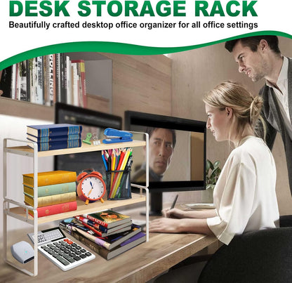 YGYQZ Wood Office Desk Shelf Organizer - Desktop Supplies Cute Dresser Top Organization Storage Rack and Cubicle Decor Aesthetic Bookshelf for Women Man and Kids (White-Two Tier)