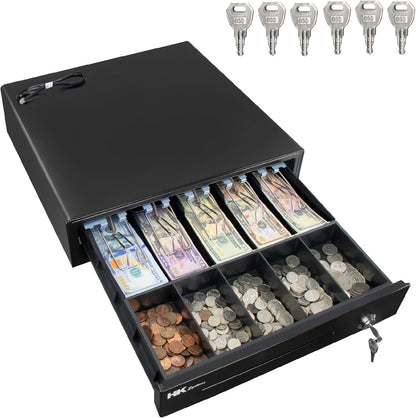 HK SYSTEMS 16" Heavy Duty Black POS Cash Drawer with 5Bill/5Coin, Removable Coin Compartment ONLY, 24V, RJ11, Single Large Front Media Slots, Black