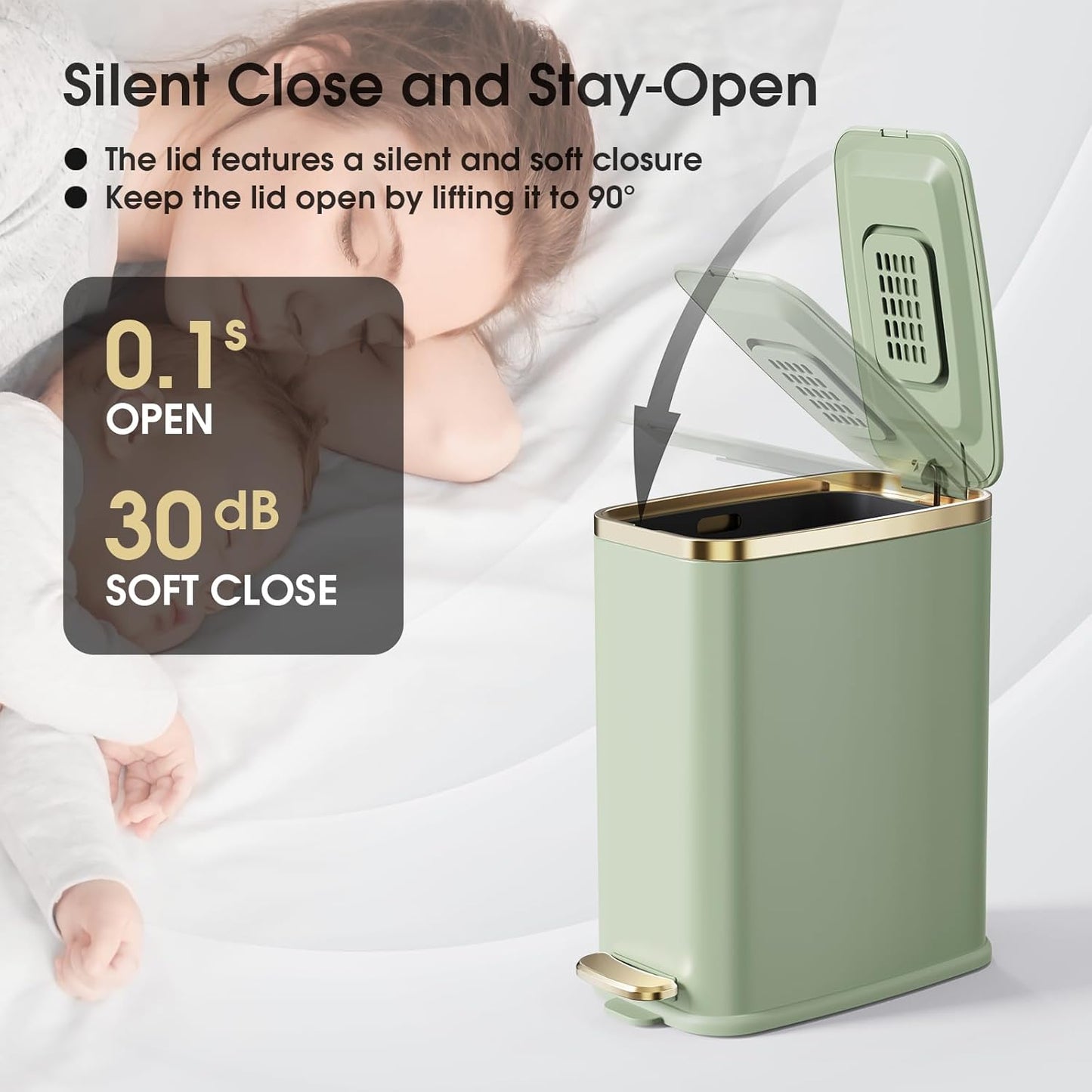 CEROELDA Small Bathroom Trash Can with Lid Soft Close-5L/1.3 Gal Slim Garbage Can-Metal Step Wastebasket-Rectangle Narrow Waste Bin for Office, Bedroom, Toilet, Live Room-Green