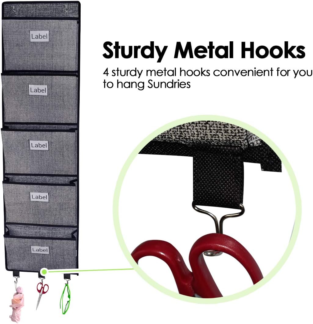 homyfort Over the Door File Organizer Hanging File Folders, Wall Organizers and Storage for Mail, Magazine, Notebooks, Planners, Office, Classroom, 5 Extra Large Pockets (Black with Pattern)