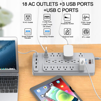 18 Outlets Surge Protector Power Strip - 6 Feet Flat Plug Heavy Duty Extension Cord with 18 Widely Outlets and 4 USB Ports, 2100 Joules, Grey, ETL Listed