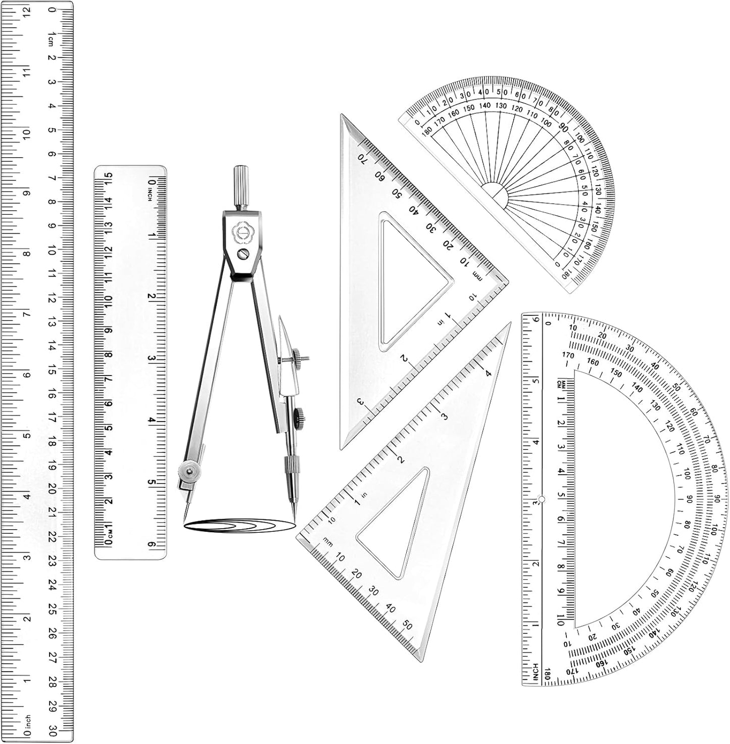 Zonon 1 Set Plastic Geometry Math Set Includes Drawing Compass, 6 and 4 Inch Protractor, 45/60 Degree Triangle Rulers 12 and 6 Inch Math Ruler Transparent for Office Supplies(Clear)