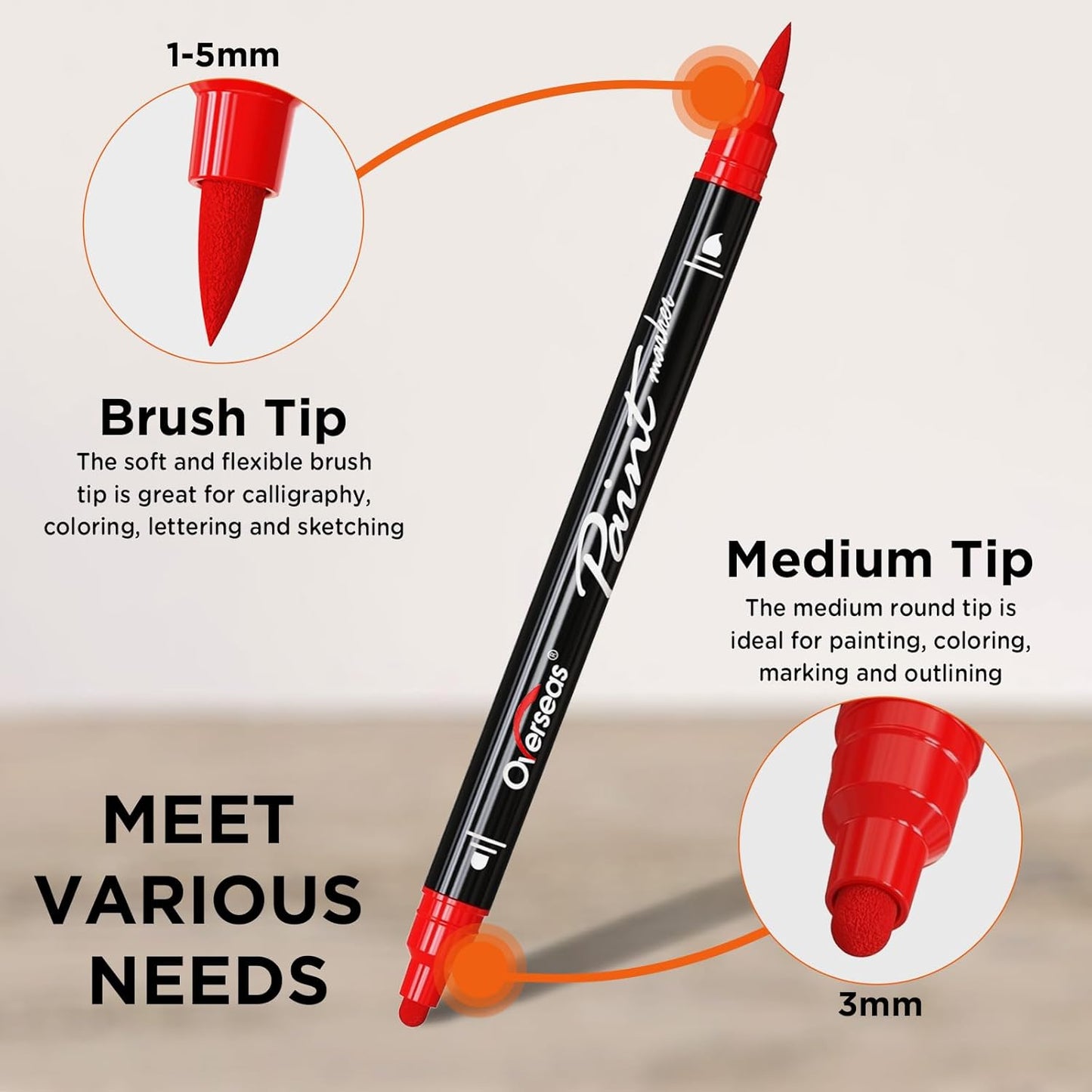 Overseas Red Acrylic Paint Markers, 2 Pack Dual Tip Paint Pens Acrylic Markers with Dot and Brush Tip, Coloring Marker for Wood, Rock, Canvas, Glass, Metal, Ceramic, Plastic, Fabric, School Supplies