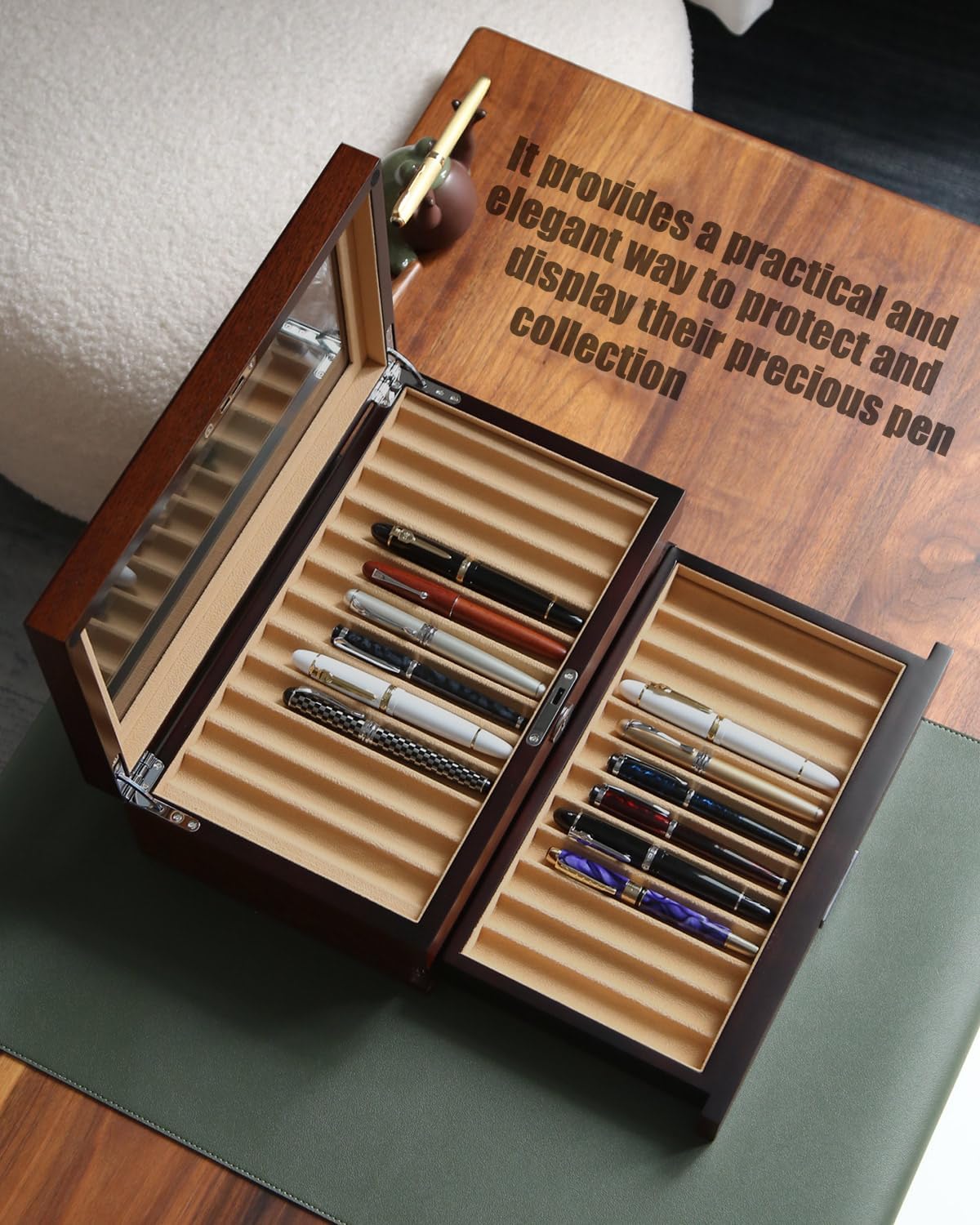 Pen Display With 24 Slots, Wood Storage Organizer, Glass Window Box for Men Gift (Brown Ash Veneer Finish, Camel Velvet)