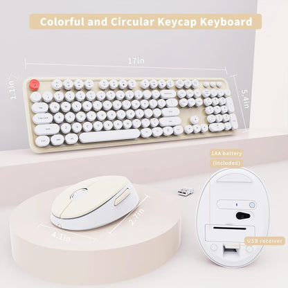 Wireless Keyboard and Mouse Combo, Ergonomic Full Size Typewriter Retro Round Keycaps Keyboard, Compatible with Windows, PC, Perfer for Home and Office Keyboards (Beige
