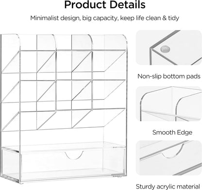HBlife Acrylic Pen Desk Organizer with Drawer, Clear Vertical Marker Organizer with 11 Compartments, Angled Large Stationary Pencil Display Holder, Art Supplies Organizer for Desk, School and Home