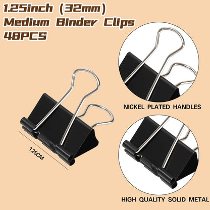 Binder Clips,Qimailer Medium Clips,48 Pcs,1.25 Inch,Black Metal Binder Clips and Paper Clips for Office, Home, School