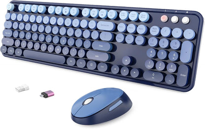 Wireless Keyboard and Mouse Combo, Ergonomic Full Size Typewriter Retro Round Keycaps Keyboard, Compatible with Windows, PC, Perfer for Home and Office Keyboards (Twilight Blue