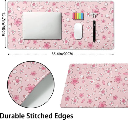 Pink Cherry Blossom Gaming Mouse Pad XXL Cute Anime Aesthetics Floral Extended Kawaii Flowers Large Mousepad Non-Slip Rubber Base Stitched Edge Keyboard Desk Pad Playmat for Computer,35.4×15.7 in