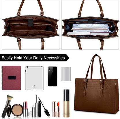 Laptop Bag for Women 15.6 Inch Laptop Tote Bag Leather Classy Computer Briefcase for Work Waterproof Handbag Professional Shoulder Bag Women Business Office Bag Large Capacity Coffee