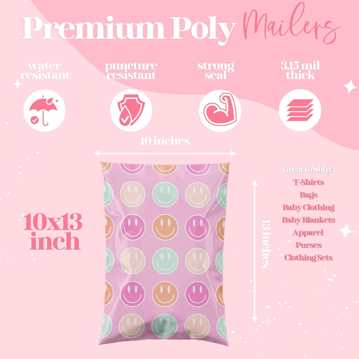 10x13 Designer Poly Mailer 100 Pack Heavy Duty Waterproof Self Seal Shipping Bags for Small Business Large Mailing Envelopes Bulk Tear Resistant Cute Packaging Smiley Face