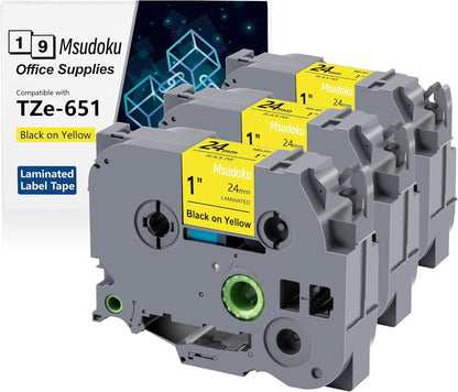 Tze Tz Tape 24mm 0.94 Laminated Yellow Compatible for Brother P Touch Label Maker Tape TZe-651 TZe651 Label Tape for PT D600 D610 P710BT P910BT, Black on Yellow, 0.94 Inch x 26.2 Feet, 3-Pack