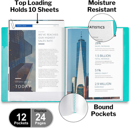 Dunwell Presentation Binder 12-Pocket, Displays 24 Pages, 8.5x11 Portfolio Binder with Plastic Sleeves, Storage and Organizer for Documents, Certificates, Projects, Photos (Aqua)