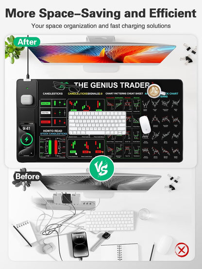 Miroddi Mouse Pad for Stock Enthusiast, Wireless Charging Desk Pad with Phone Holder, Large Desk Mat with Adjustable Stand & Dual Qi Chargers, Non-Slip Mousepad with Financial Trading Guides Printed