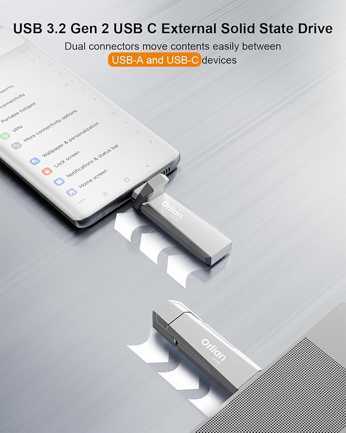 512G External Portable SSD USB Solid State Drive, Up to 1000MB/s USB 3.2 Gen 2 Solid State, Type C + A Dual Drive for iPhone15,16/ipad/Mac/Android/Windows Laptops, Silver