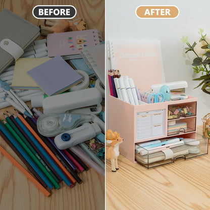 Multi-Functional Desk Organizer with 3 Drawer and 8 Compartments, Pink