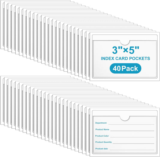40 Pack 3" x 5" Index Card Pockets with Top Open Self-adhesive Index Card Holders Clear Plastic Labels Holders for Storage Bins, Organizing