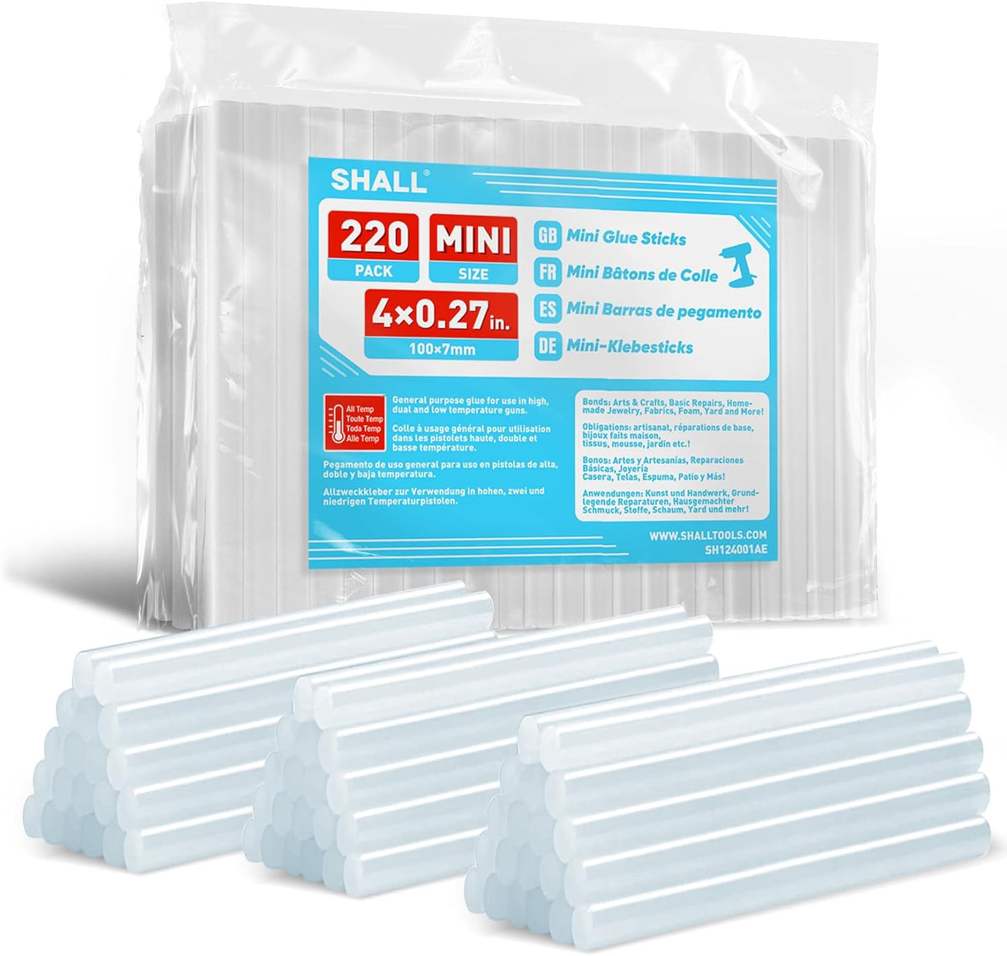 SHALL Mini Hot Glue Sticks, 0.27” Dia x 4” Long, 220-pack Clear Hot Melt Glue Gun Sticks for All-temp Mini Glue Guns, Multipurpose for Kids Adults DIY Art Craft Sealing Repairing Festival Decoration