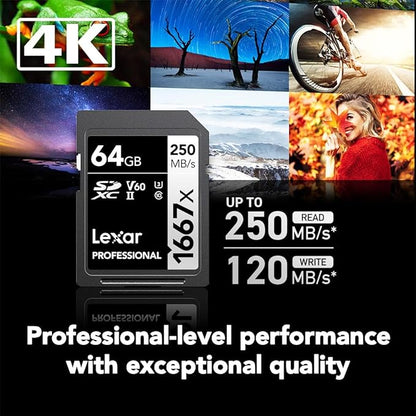Lexar 64GB Professional 1667x SD Card, UHS-II, C10, U3, V60, Full HD, 4K, Up To 250MB/s Read SDXC Memory Card, for Professional Photographer, Videographer, Enthusiast (LSD64GCBNA1667)