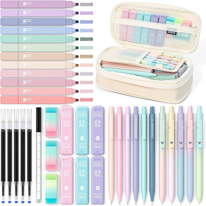Four Candies 39 PCS Cute School Supplies with Pen Case for Girls - 5 Black Ink Gel Pens, 12 Pastel Highlighters, 6 Aesthetic Mechanical Pencils Set for Stationary College Essentials (Cream)