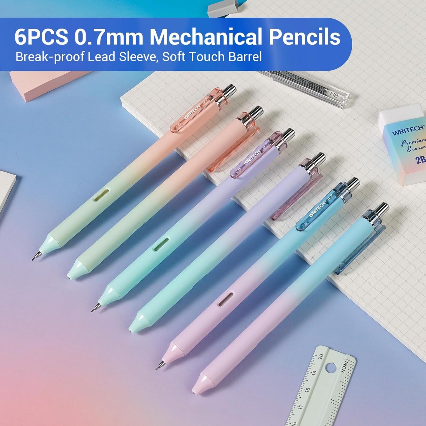 WRITECH Up Mechanical Pencil Set: 6ct Gradient Barrel 0.7mm Mechanical Pencils with 4 Tubes of HB Lead Refills and 2 Extra Erasers for Writing Drawing Sketching Drafting