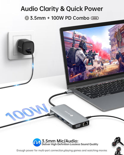 NOVOO USB C Hub, 11-in-1 Docking Station Multiport Adapter with 4K USB C to HDMI, VGA, Gigabit Ethernet, 100W PD, 3 USB-A 5 Gbps, MicroSD/SD Card Reader, Dock for Most Type-C Devices
