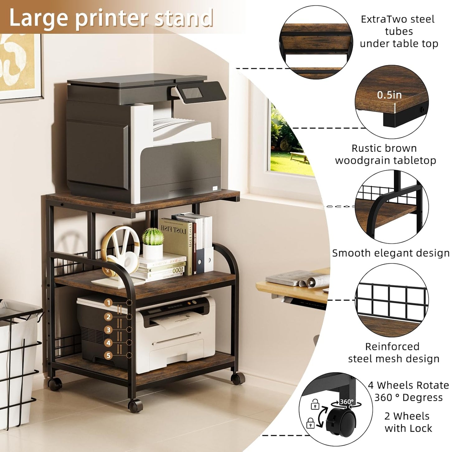 Lerliuo Large Printer Stand with Storage, 23.6"W x 18.9"D x 30.2"H, 5-Adjustable Shelf Heights Mobile 3 Tier Table with Lockable Wheels, Industrial Rolling Printer Cart, Brown Stands for Home Office