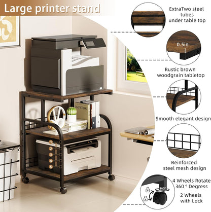 Lerliuo Large Printer Stand with Storage, 23.6"W x 18.9"D x 30.2"H, 5-Adjustable Shelf Heights Mobile 3 Tier Table with Lockable Wheels, Industrial Rolling Printer Cart, Brown Stands for Home Office