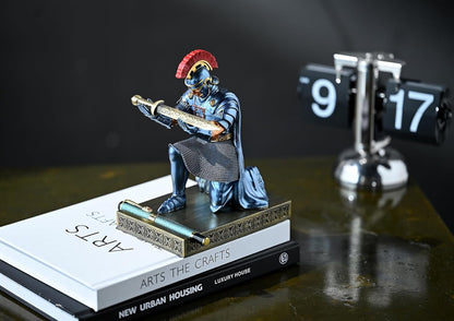 Roman Praetorian Prefect Warrior Knight Pen Holder Desk Ornament Resin Praetorian Guard Mobile Phone Stand Desk Accessories and Organizer for Office with a Letter Opener (Blue)