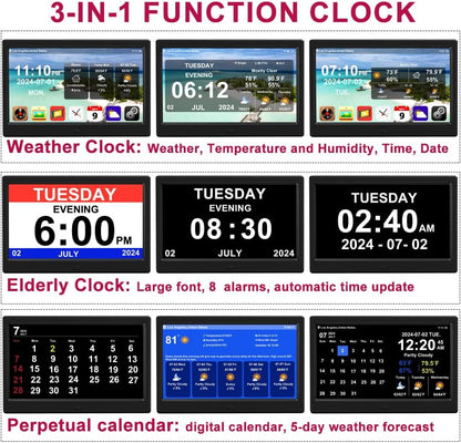 Digital Alarm Clock with Date and Time for Elderly Digital Calendar Clock Photo Frame- Auto Dimmable Display 15 Alarm Options (10.1 inch/Black)