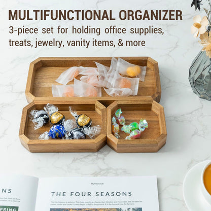 MyGift Premium Solid Acacia Wood Octagonal Desk Organizer Trays Office Stationery Holders, 3 pc Set