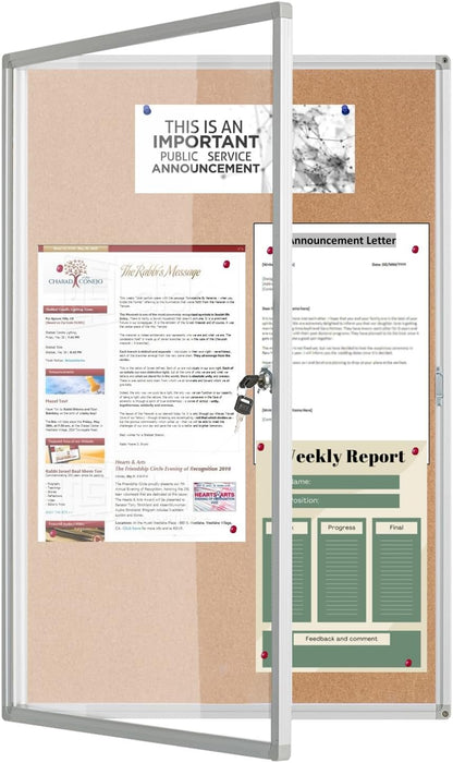 Lockable Display Case 24x36 - Enclosed Cork Bulletin Board with Locking Door, Wall Mounted Aluminum Notice Board for Office, School, Posters, Cards