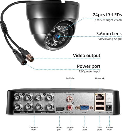 Fuers Wired Security Camera System,H.265+ 8CH Surveillance DVR with 500G Hard Drive and 4 x 1920p CCTV Analog Dome Camera, with face Capture and face Retrieval, Email Alert,Mobile APP & PC Remote