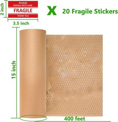 Honeycomb Packing Paper Wrap 15" x200' Sustainable Alternative to Bubble Cushioning Wrap for Moving/shipping/packing Roll with 20 Fragile Sticker Biodegradable & Fully Recylable