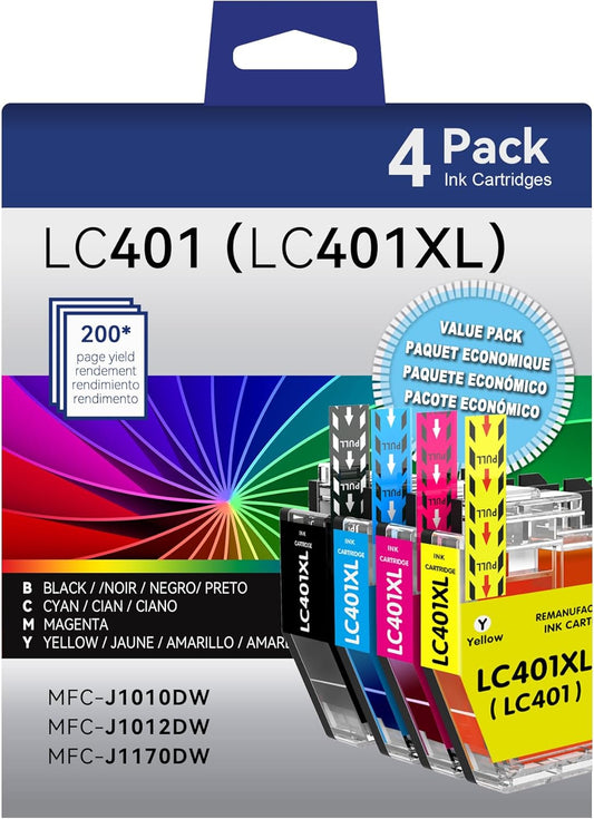 LC401 Ink Cartridges Compatible for Brother LC401 Ink Cartridges Color Standard Yield Work with Brother MFC-J1010DW MFC-J1012DW MFC-J1170DW Printer (1 Black,1 Cyan,1 Magenta,1 Yellow,4 Pack)
