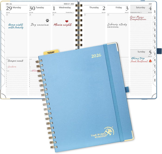POPRUN 2026 Planner (Large Size 10'' x 8'' Wire-Bound Hard Cover) Daily Weekly and Monthly Calendar - Agenda 2026 (Jan.2026-Dec.2026) with Hourly Schedule, Monthly Tabs - Haze Blue
