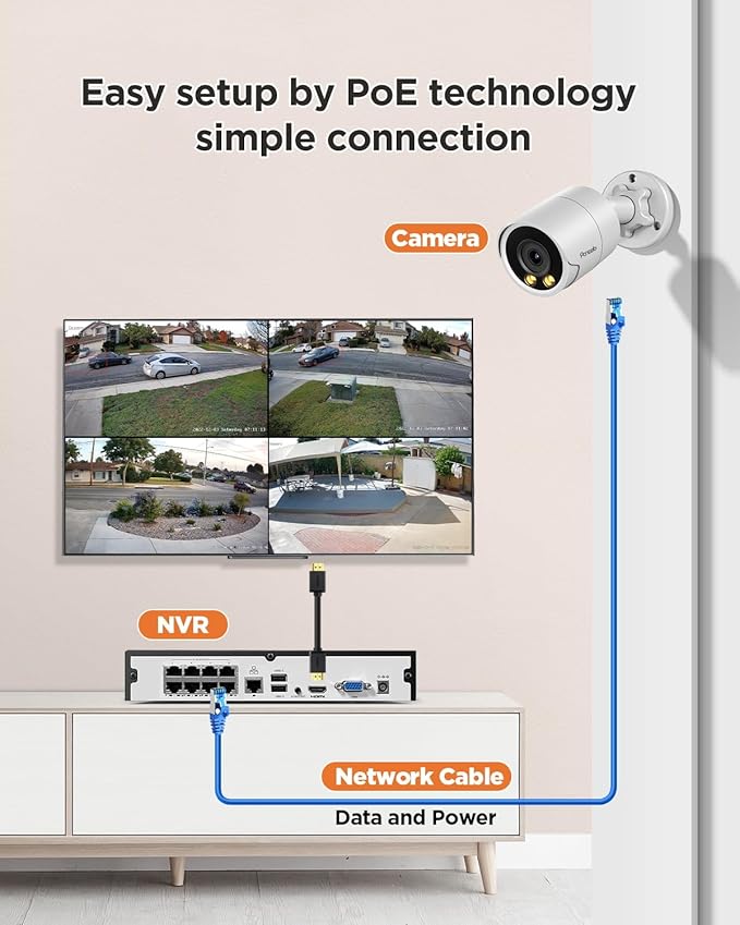 PoE Security Camera System 4K, 8X 8MP Wired Bullet IP PoE Cameras Outdoor Built-in Microphone, AI Human Vehicle Detection, 4K/8MP 8CH NVR 2TB HDD, Smart Color Night Vision, PB38F0808-8M