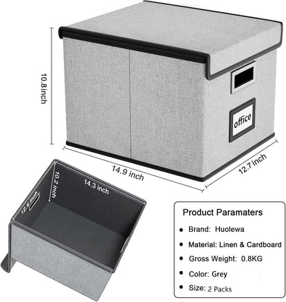 Huolewa Collapsible File Storage Organizer Boxes with Lids, Portable Large Linen Hanging Filing Storage Boxes, Decorative Home/Office Filling System for File and Folder Storage (Grey)-2 Pack