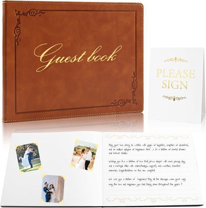 8x10 Leather Guest Book and Standup Sign Set, Gold Foiled Cover Registry Book for Wedding Reception, Retirement Party, Vacation Homes and Events, 120 Sheets (Brown)